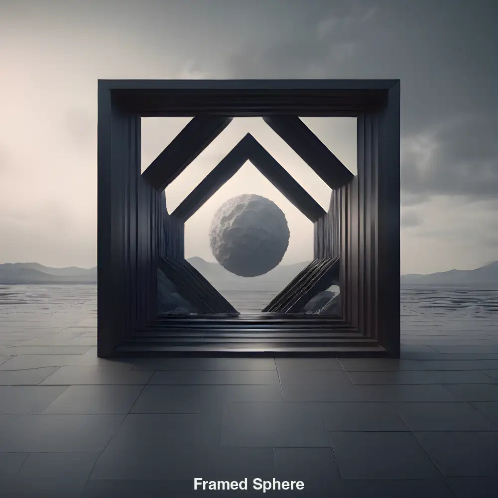 Schwebende steinerne Kugel in geometrischem Rahmen vor einer kargen, außerweltlichen Landschaft – symbolisiert Balance und Gravitation.