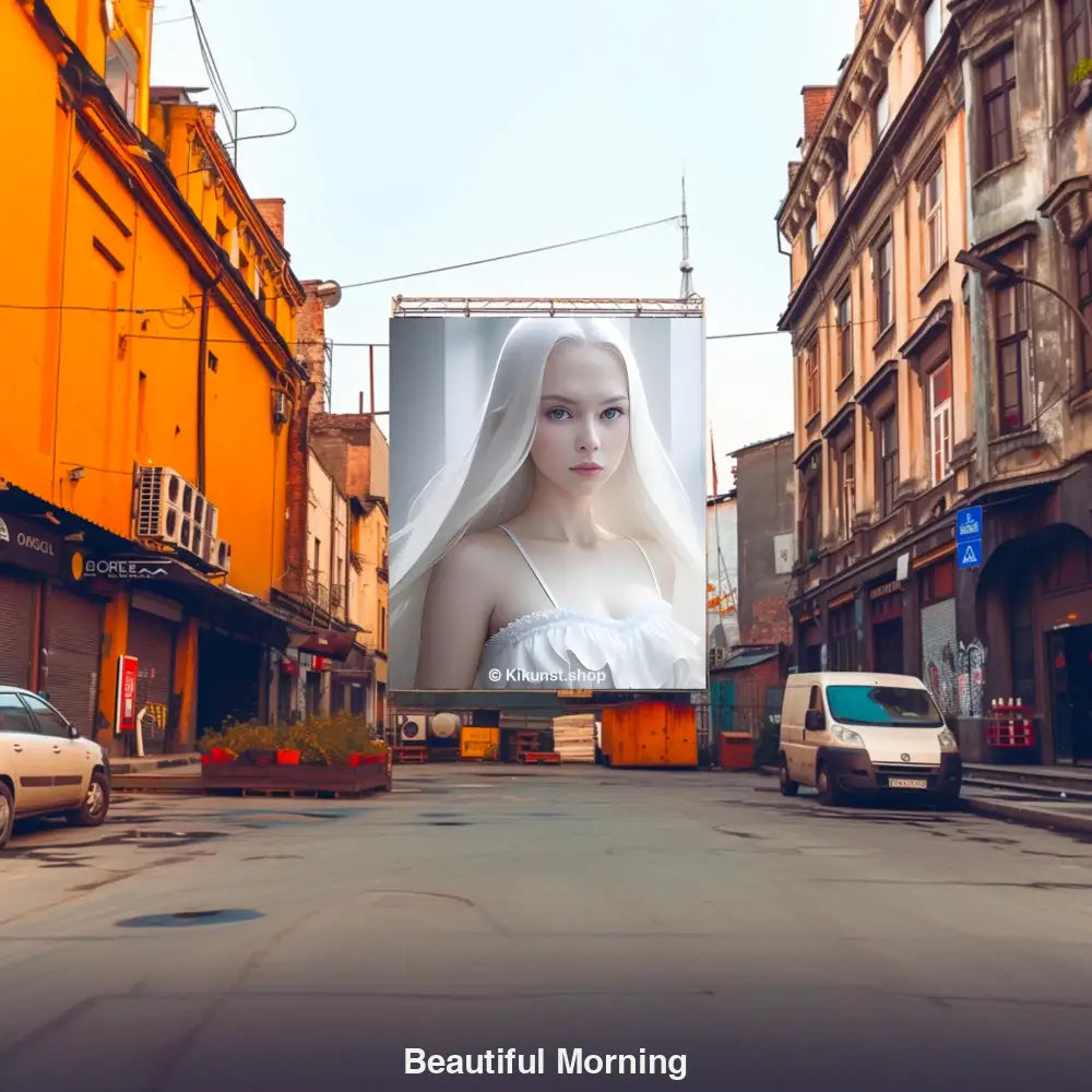 Fine Art Print eines Frauenporträts als großes Plakat in leerer Stadtstraße zwischen alten Gebäuden