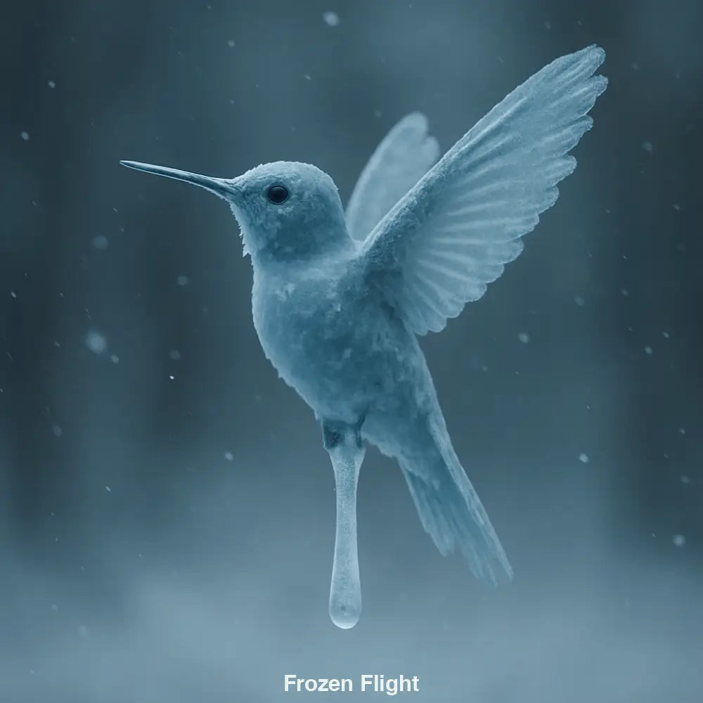 Frozen hummingbird in mid-air, wings spread, in a snowy winter atmosphere – surreal digital AI art.
