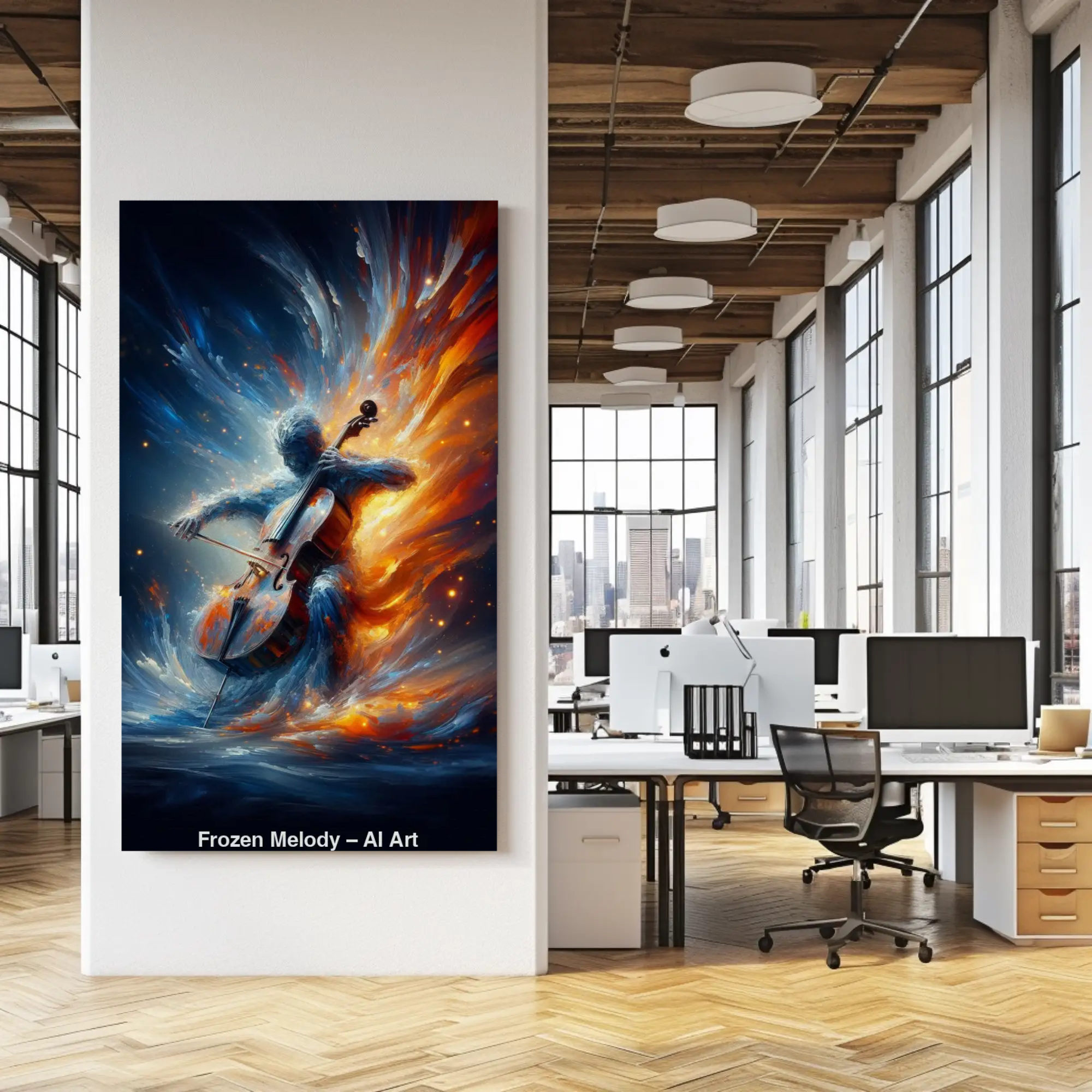 Mockup von Frozen Melody – AI Art, musische Figur aus Feuer und Eis mit Farbwirbeln und Cello.