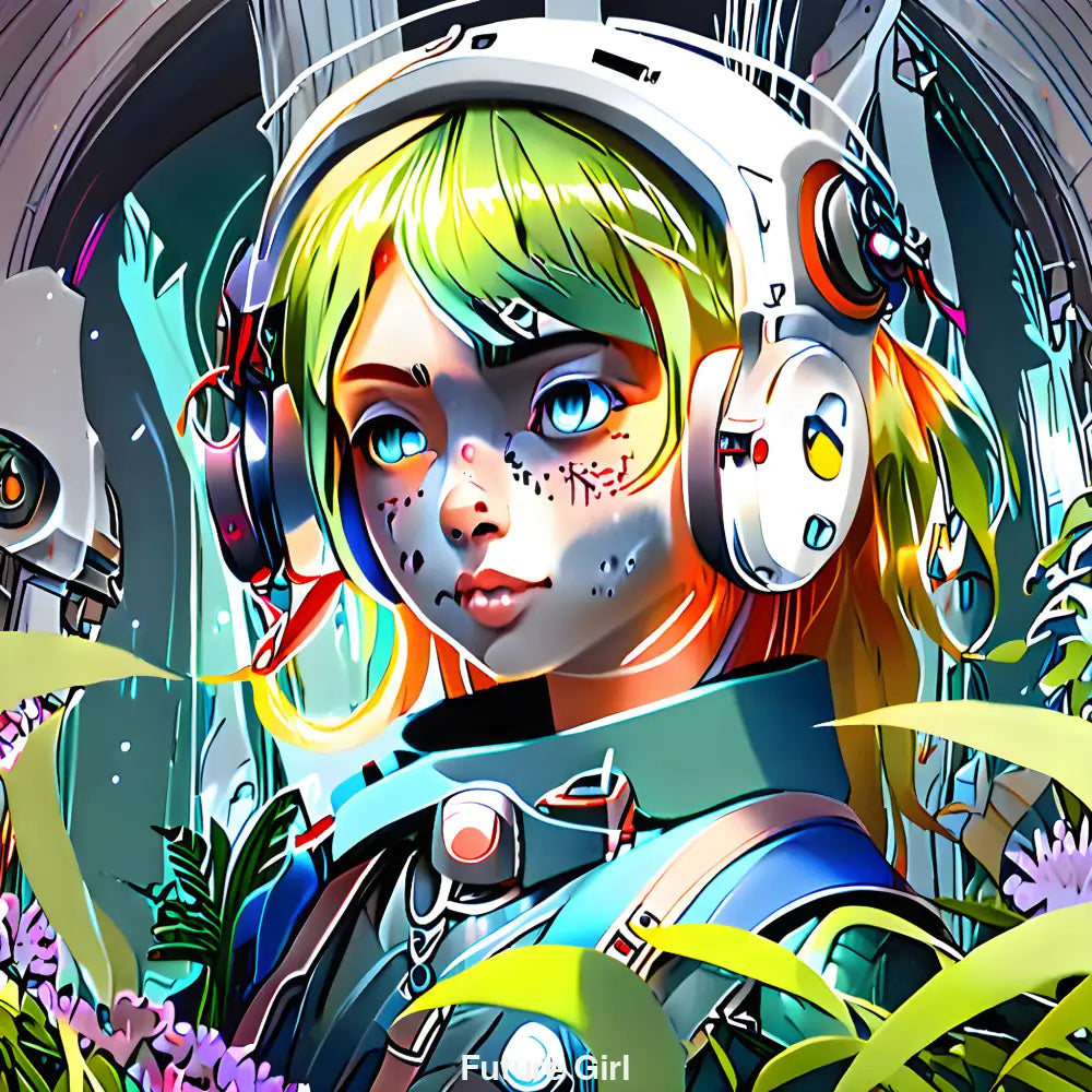 Futuristische Frau mit leuchtendem Haar und Headset in cyberpunk-artiger Natur-Maschinen-Kulisse.