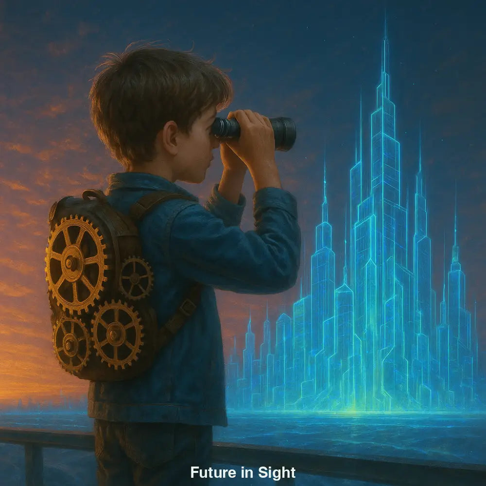 Junge mit mechanischem Zahnrad-Rucksack blickt durch ein Fernglas auf eine digitale Megastadt im Steampunk-Stil bei Sonnenuntergang.
