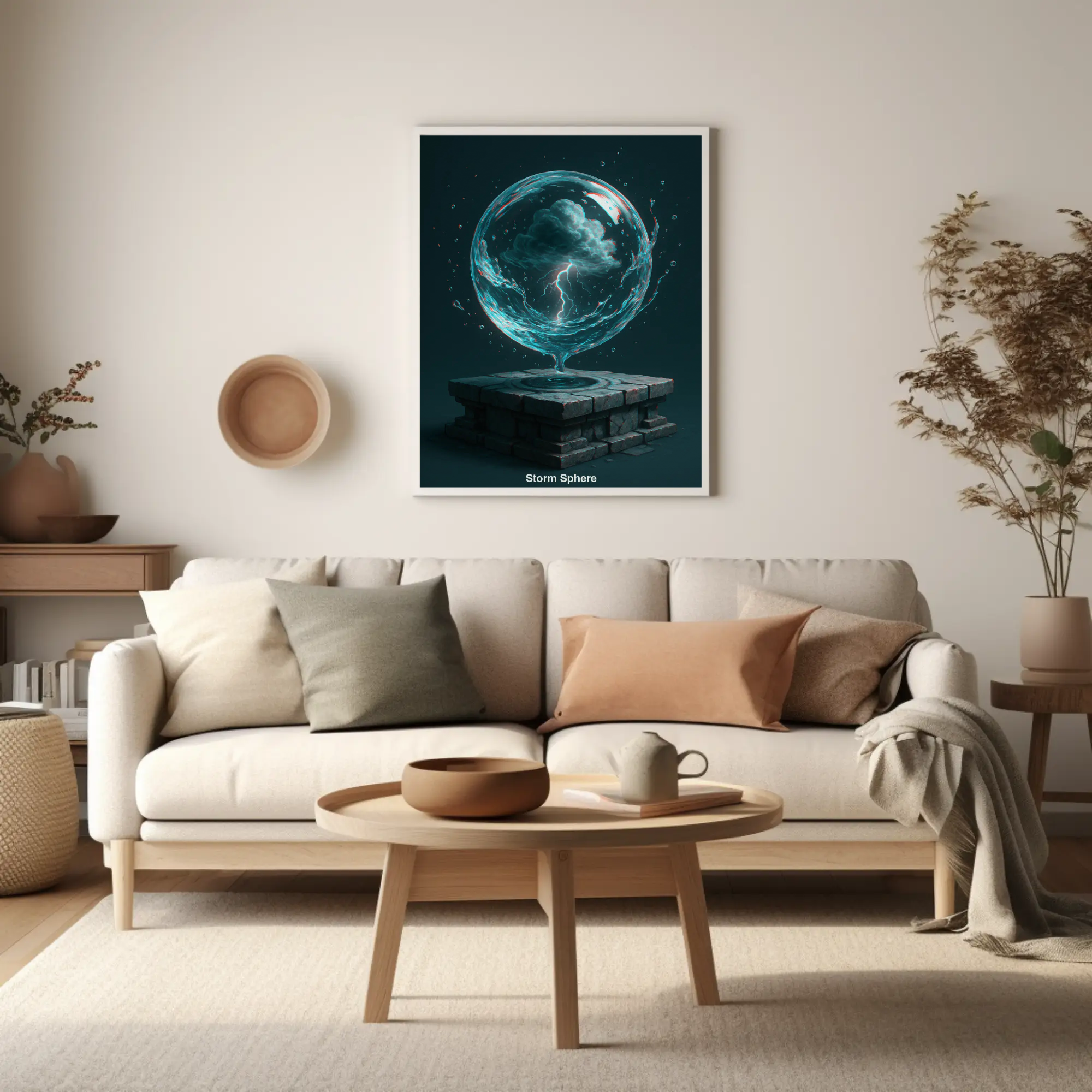 Leuchtende Energiekugel als Fine Art Print über einem modernen Sideboard in hellem Wohnambiente.