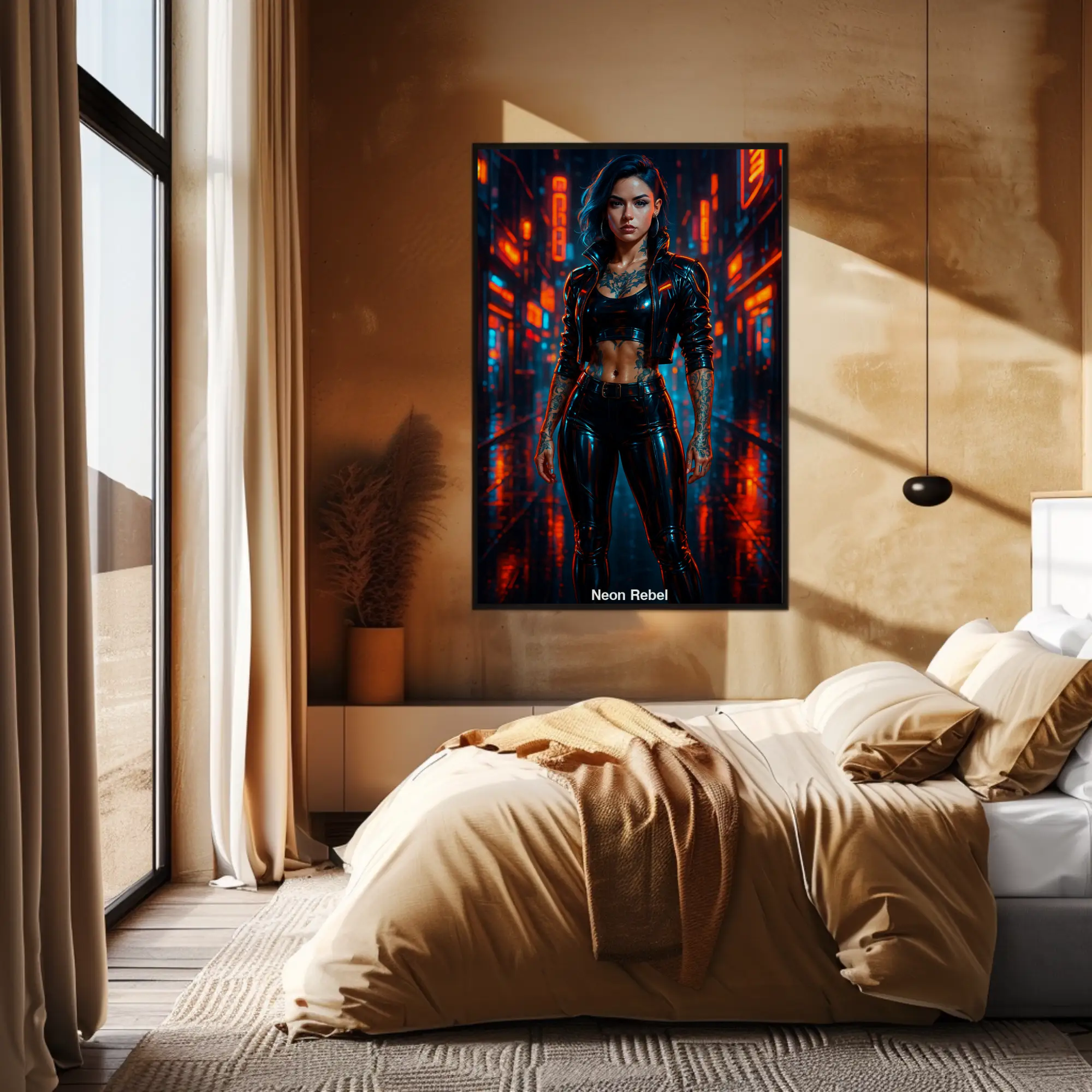 Neon Fine Art Print mit futuristischer Frau über modernem Schlafzimmerbett
