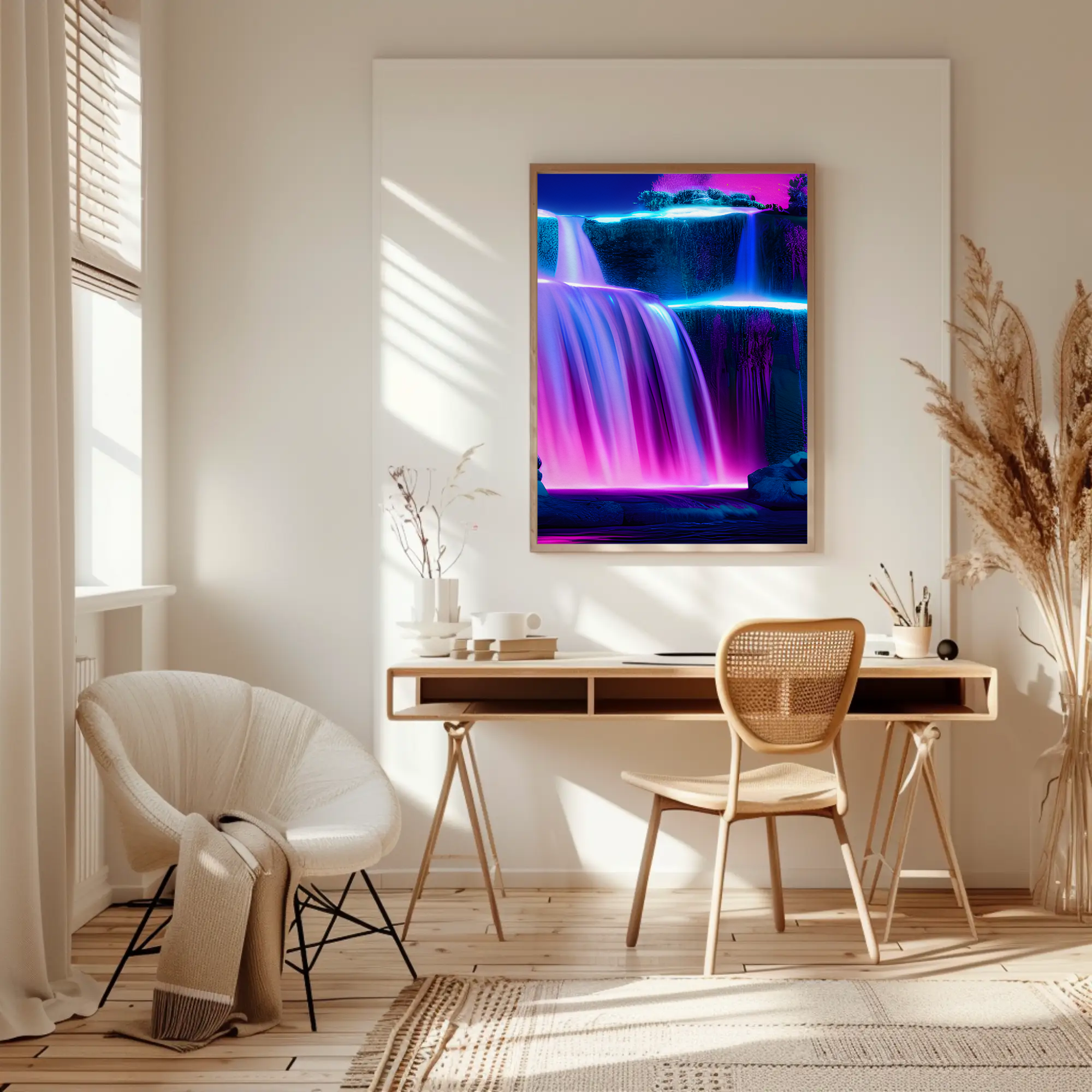 Neonfarbener Wasserfall als Fine Art Print über modernem Wohnraum mit heller Einrichtung