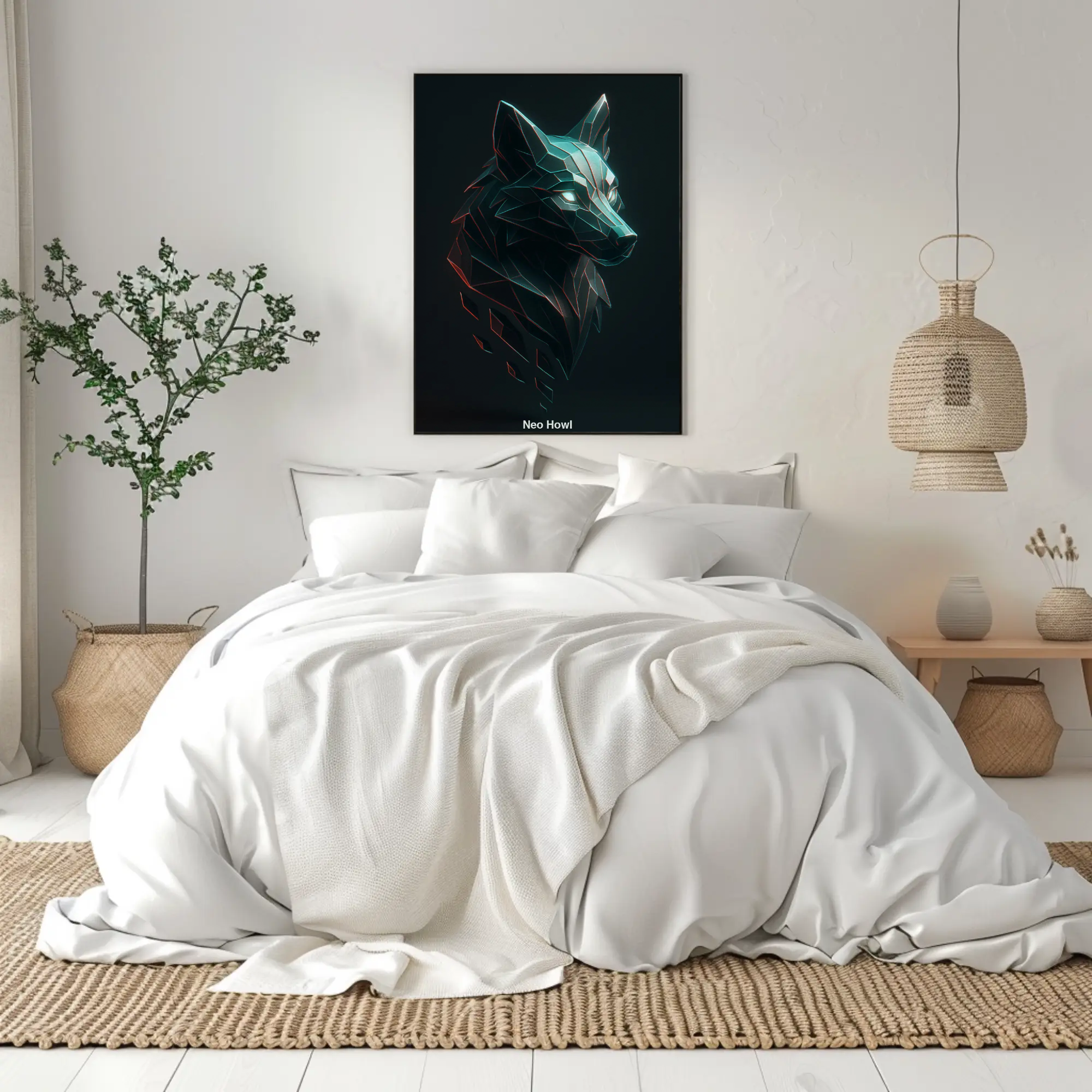 Dunkler Fine Art Print mit neonbeleuchtetem Wolf über modernem hellem Schlafzimmer