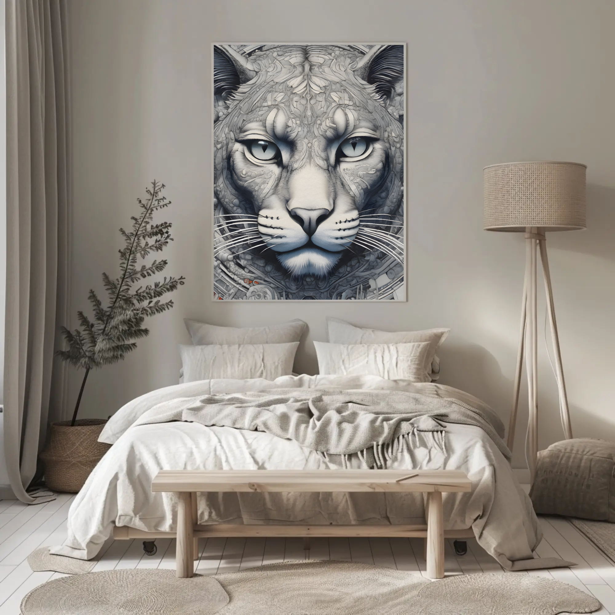 Moderner Fine Art Print mit mechanischem Katzenportrait in stilvoller Wohnraumgestaltung