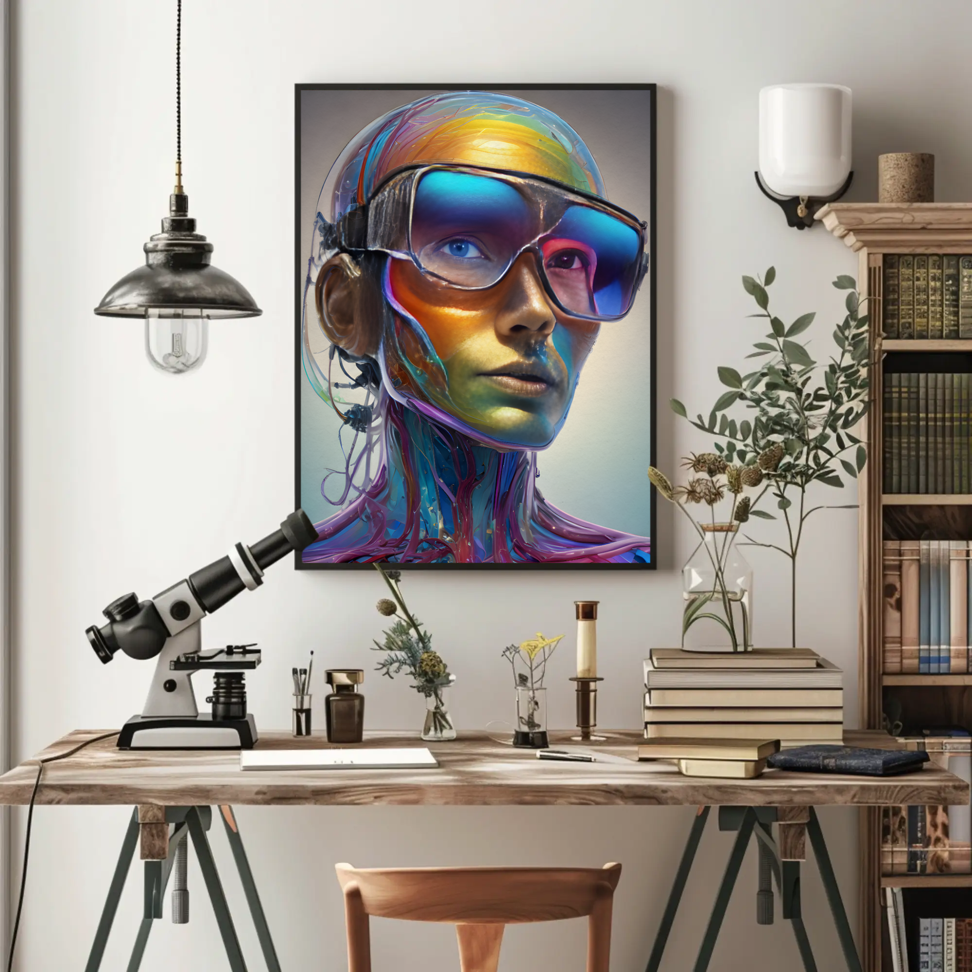 Moderner Fine Art Print mit futuristischem Chrom-Porträt im Arbeitszimmer