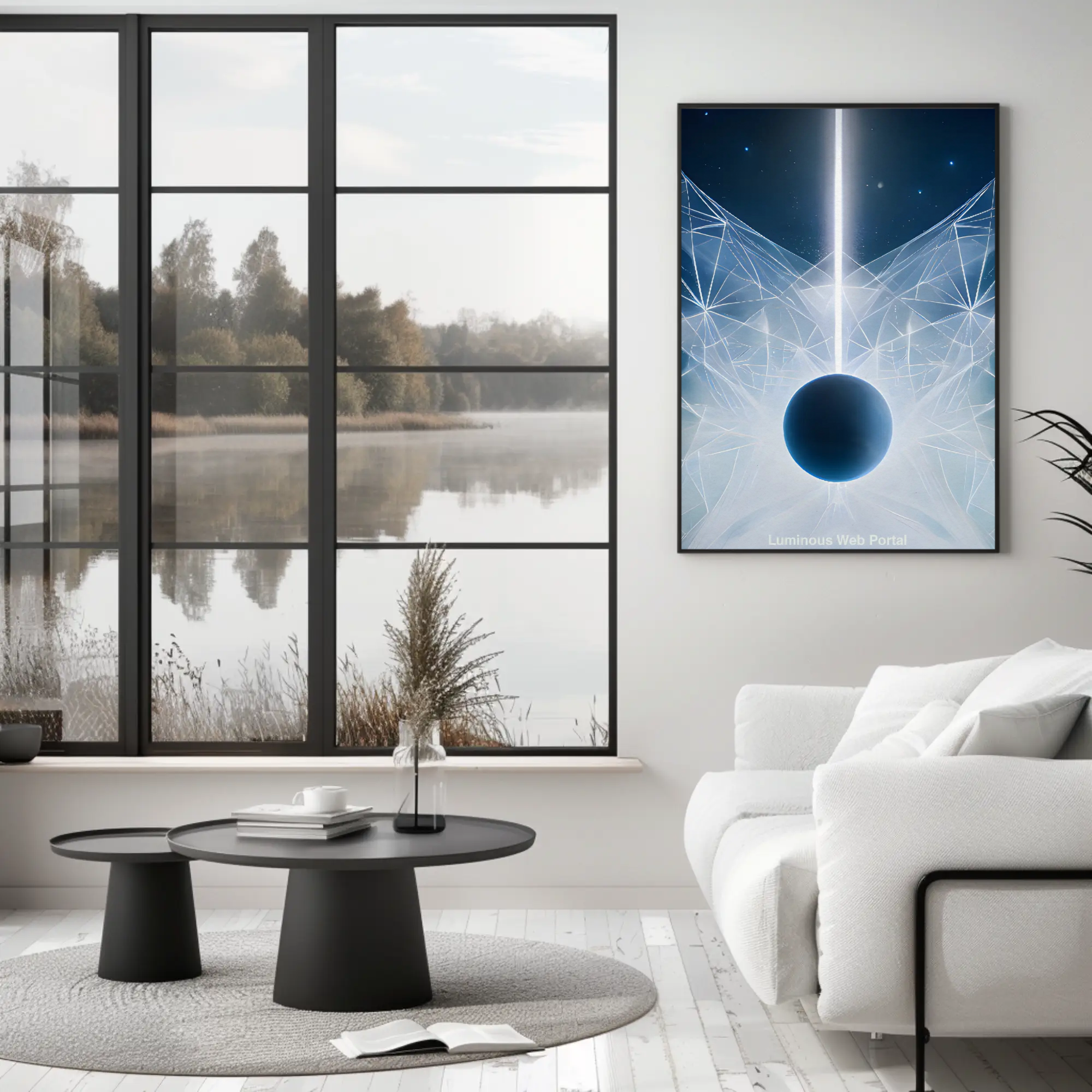 Modernes Wandbild mit leuchtendem Portal und geometrischen Lichtstrahlen