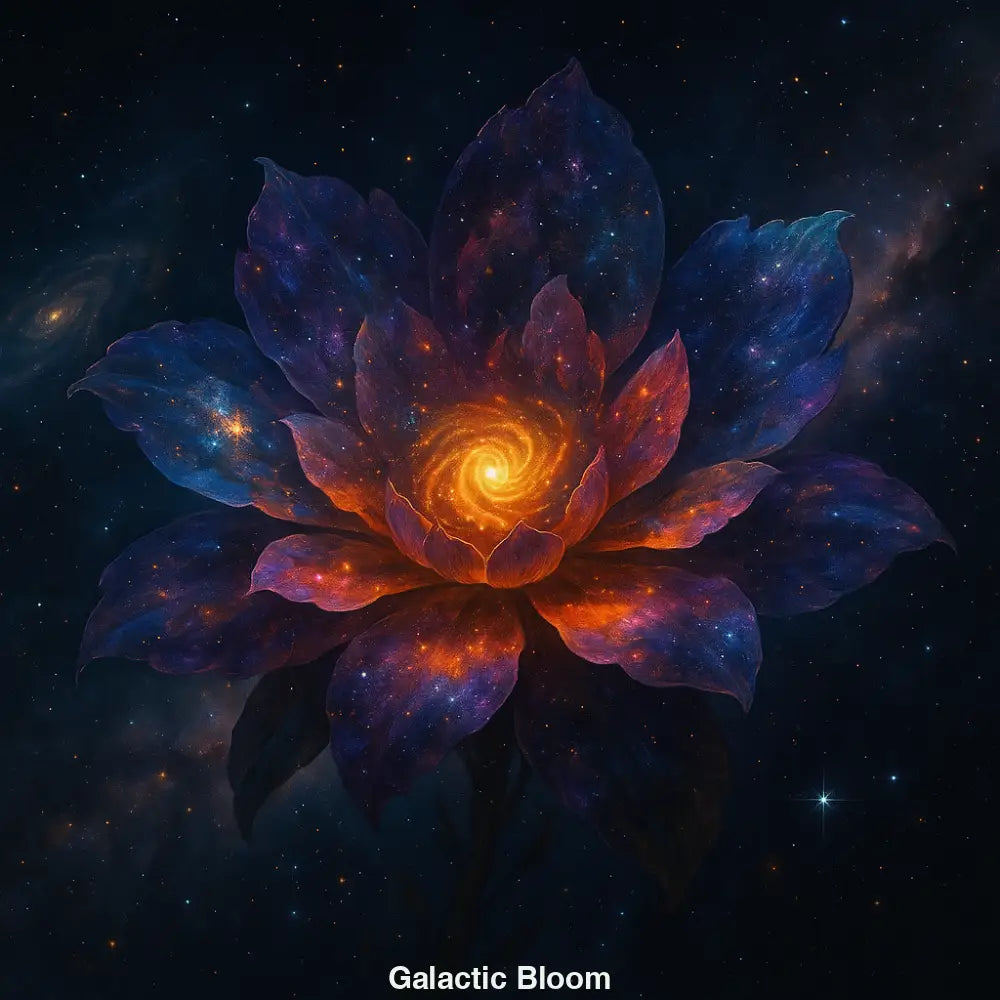 Galaktische Blume mit Spiralgalaxie im Zentrum – leuchtendes surrealistisches Kunstwerk voller Sterne und Nebel