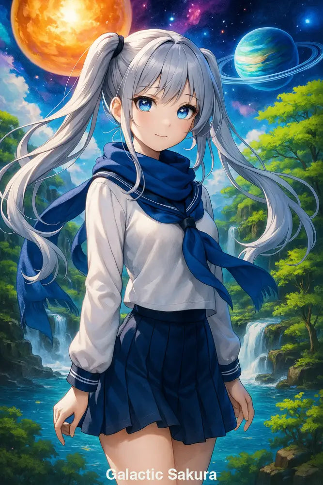 Anime Mädchen mit silbernem Haar vor kosmischer Landschaft und Wasserfall – AI generierte Anime Kunst