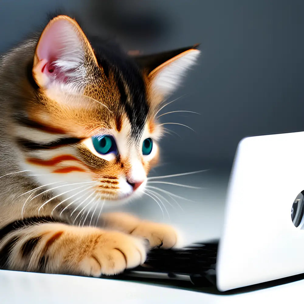 Entspannte Katze mit Blick auf Laptop in gemütlicher Gaming-Atmosphäre – KI-generiertes Bild.