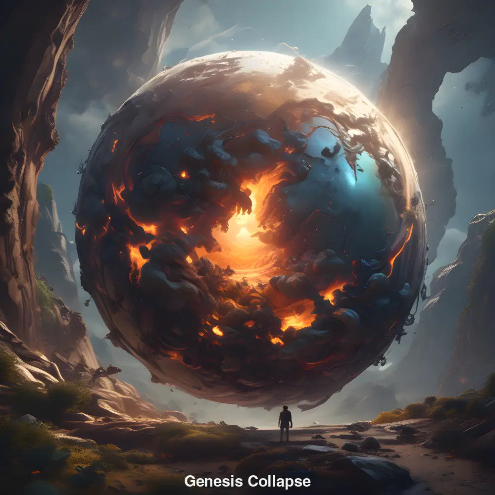 Leuchtende, brennende Kugel über epischer Berglandschaft im surrealen Stil – symbolisiert Ursprung und Zerfall zugleich.