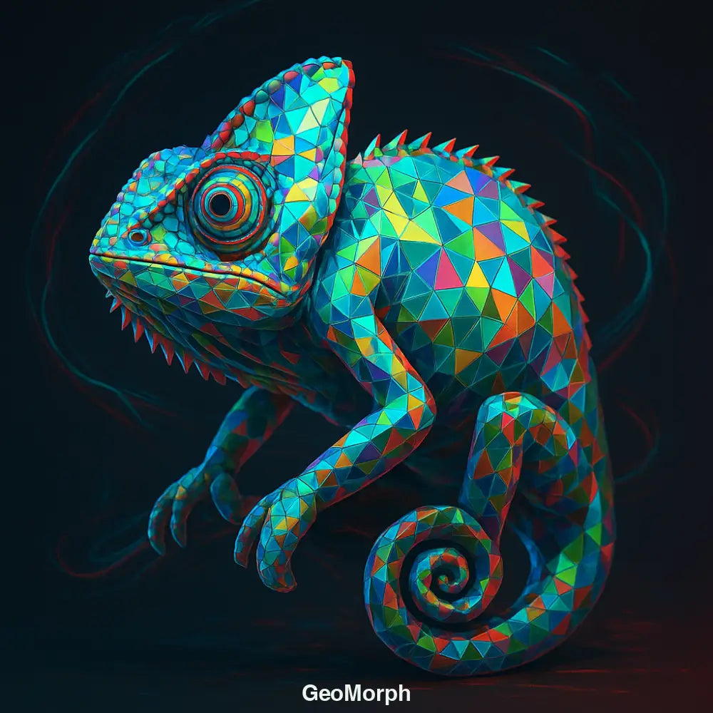 Polygonales Chamäleon in bunten Farben auf dunklem Hintergrund – geometrisch, modern, lebendig