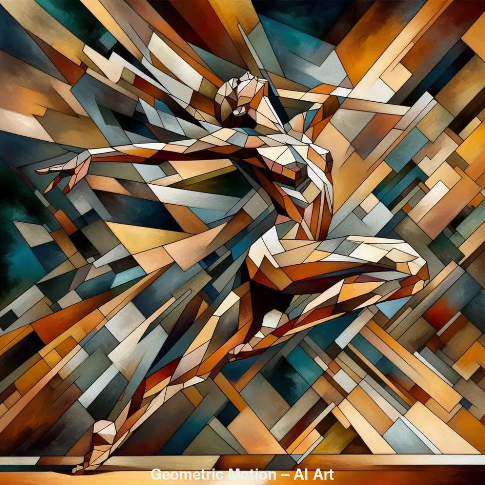 Geometric Motion – AI Art, abstrakte Figur aus geometrischen Formen in Brauntönen, Beige und Blau mit dynamischer Bewegung.