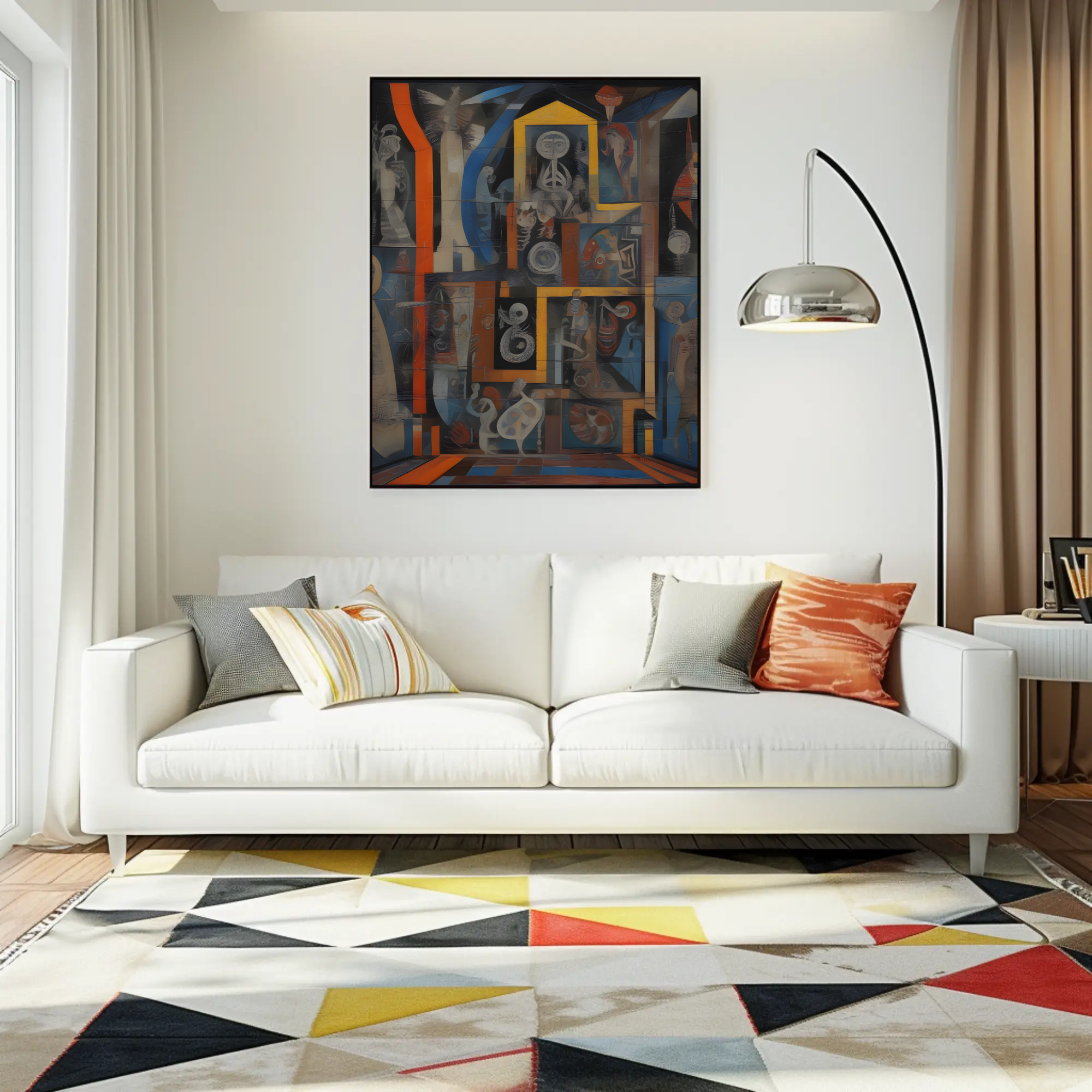 Abstrakter Fine Art Print mit geometrischen Formen in Blau, Kupfer und Gold