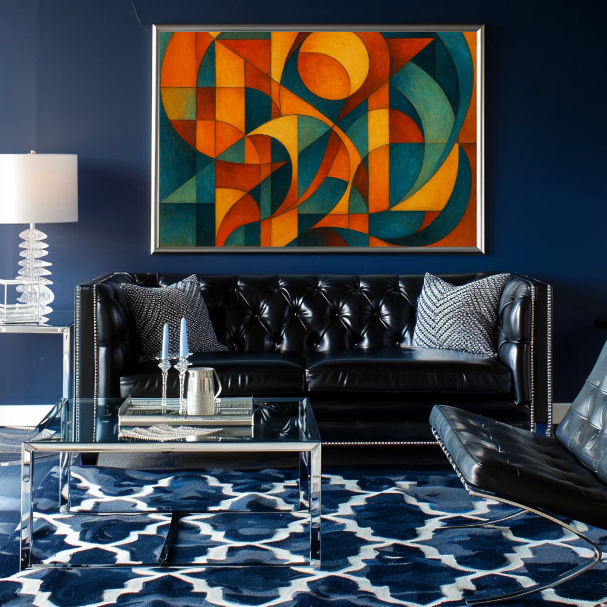 Abstraktes geometrisches Bild in Blau und Orange in einem modernen Wohnraum