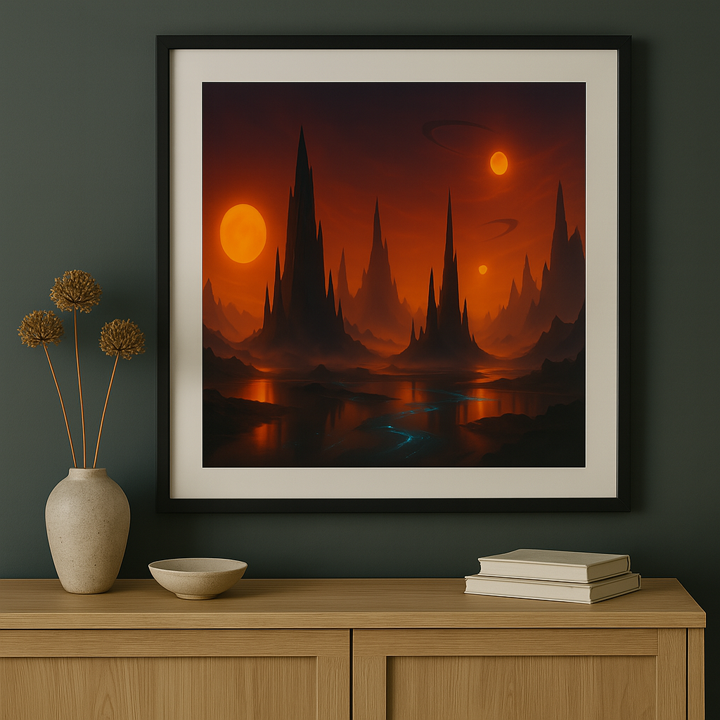 Eingerahmtes Landschaftsbild mit rotem Himmel als Fine Art Print an moderner Wand