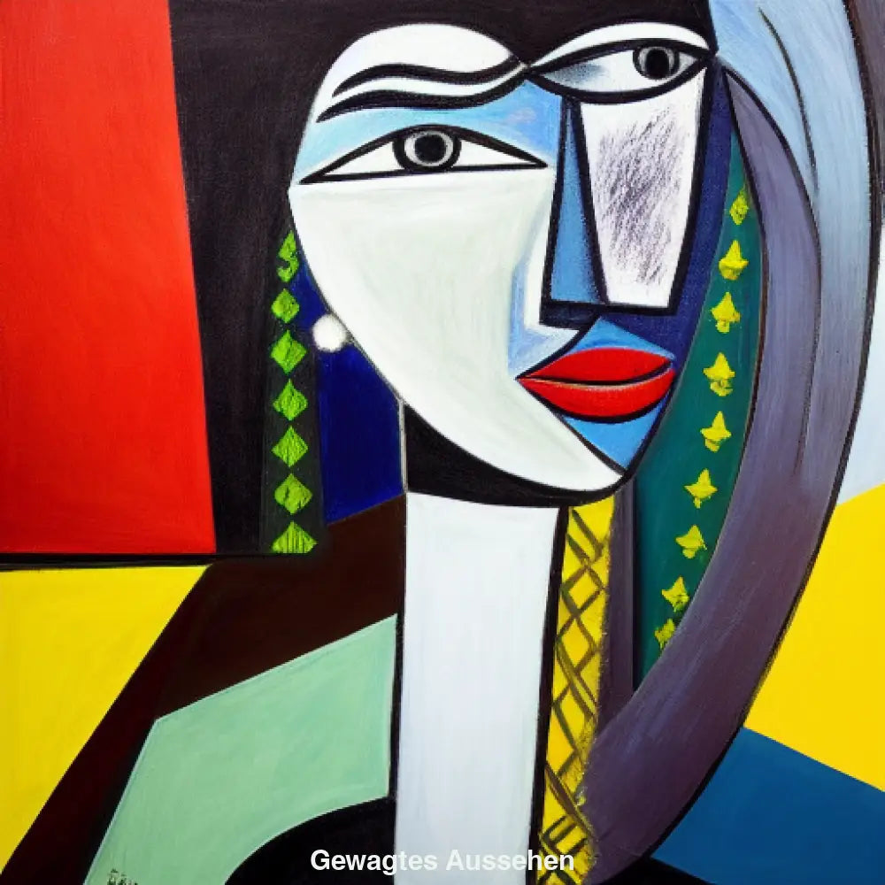Kubistisches Porträt mit kantigen Farbflächen, asymmetrischen Augen und kontrastreicher Farbkomposition als mutiges Ausdruckskunstwerk.