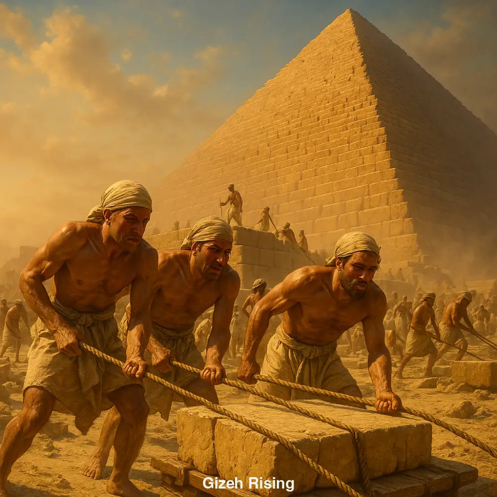 AI Kunstwerk vom Bau der Großen Pyramide von Gizeh – Arbeiter ziehen Steine in der Wüste.