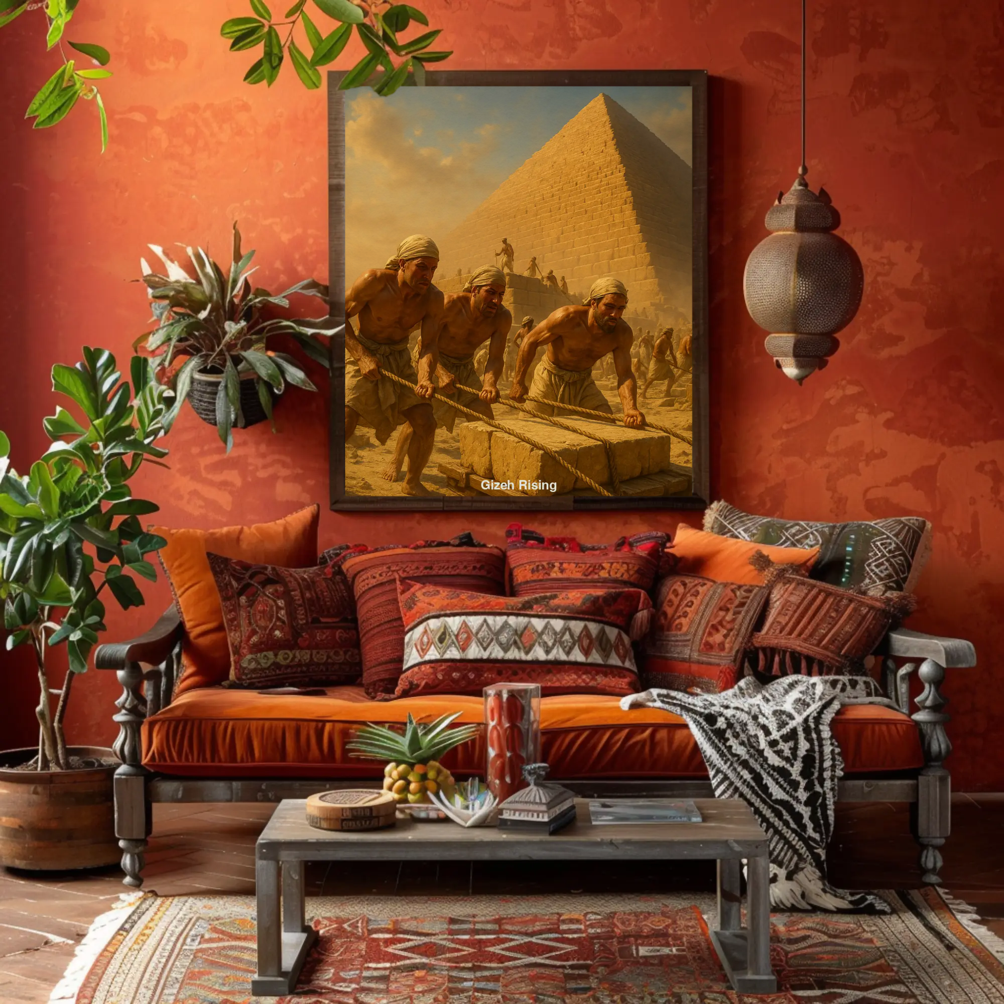 AI generiertes Kunstwerk vom Bau der Großen Pyramide von Gizeh mit Arbeitern und massiven Steinblöcken.