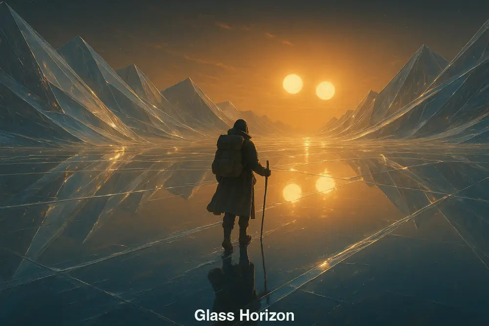 KI-Kunstwerk zeigt Wanderer in einer Glaswüste mit zwei Sonnen am Horizont, hyperrealistische Umgebung in 4K