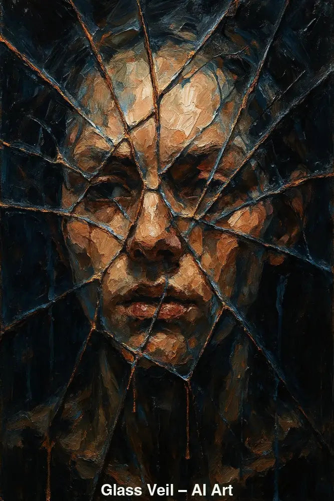 Glass Veil – AI Art, Porträt hinter zersplittertem Glas in dunklen Erdtönen mit dramatischer, geheimnisvoller Wirkung.