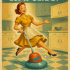 50er-Jahre Werbeplakat mit lächelnder Hausfrau, kräftigen Farben und nostalgischem Mid-Century-Charme.