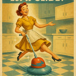 50er-Jahre Werbeplakat mit lächelnder Hausfrau, kräftigen Farben und nostalgischem Mid-Century-Charme.