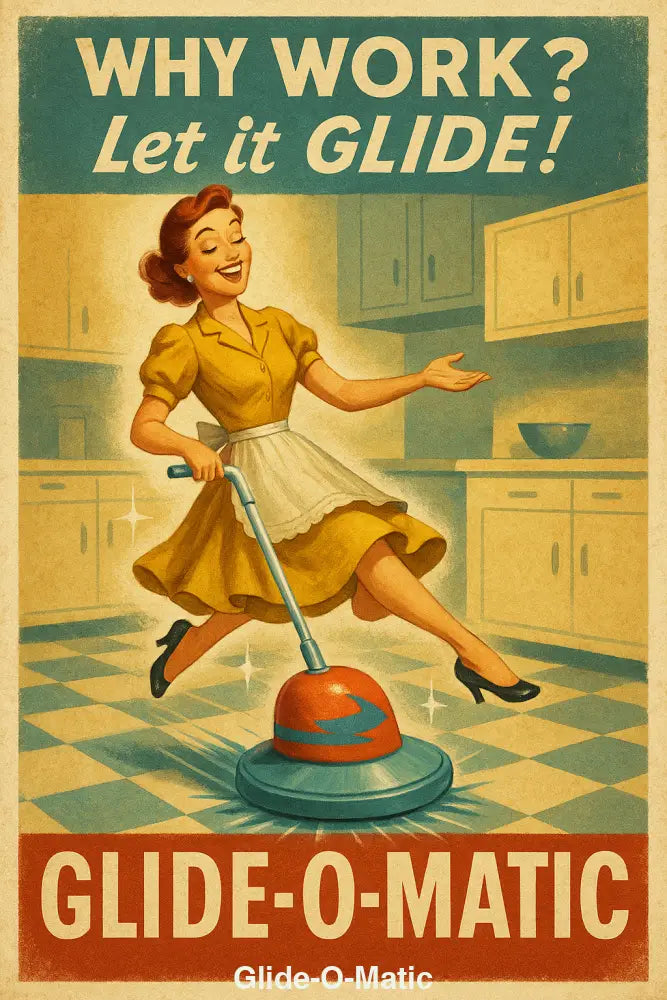 50er-Jahre Werbeplakat mit lächelnder Hausfrau, kräftigen Farben und nostalgischem Mid-Century-Charme.