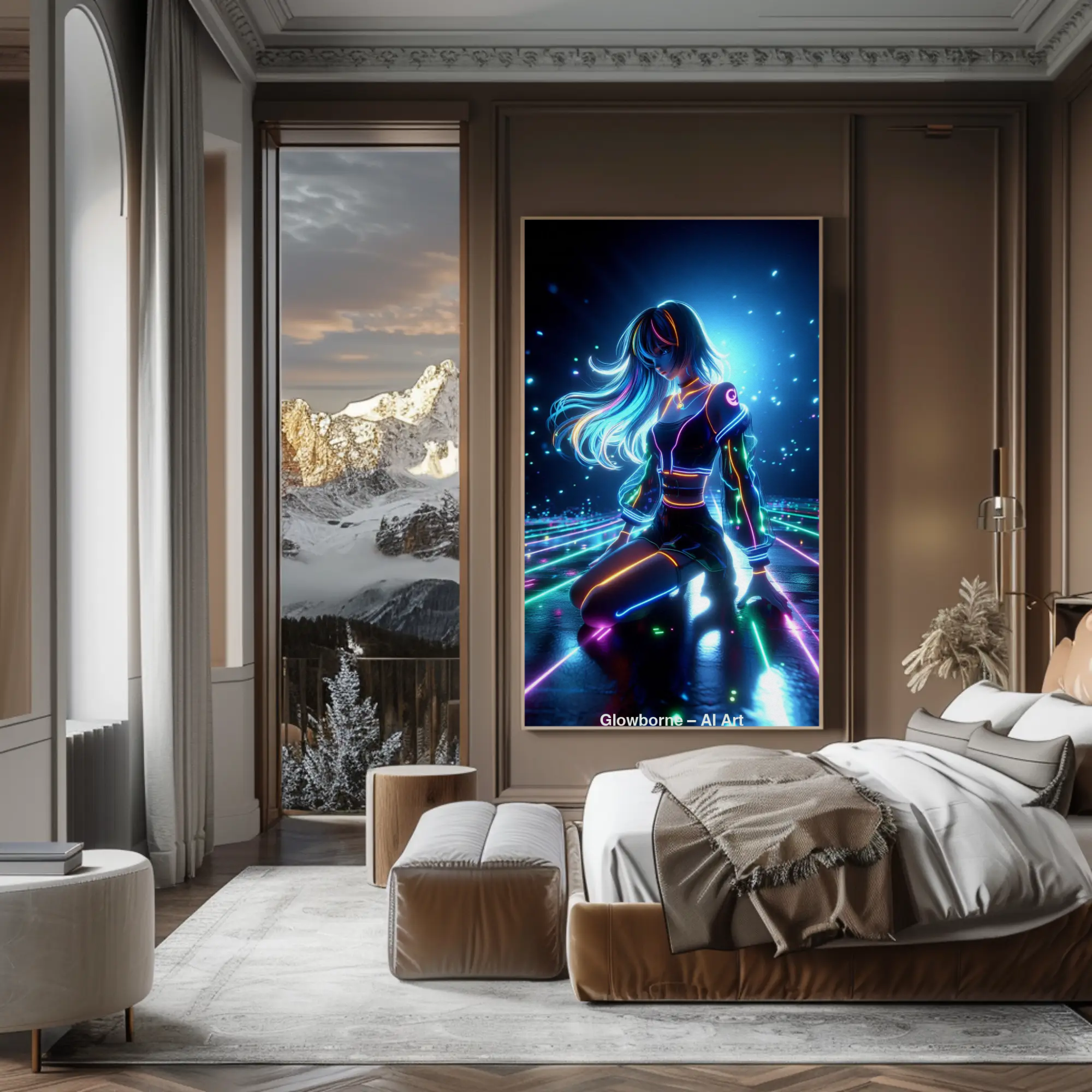 Mockup von Glowborne – AI Art, futuristischer neonleuchtender K-Pop-Idol mit cyberästhetischen Lightlines.