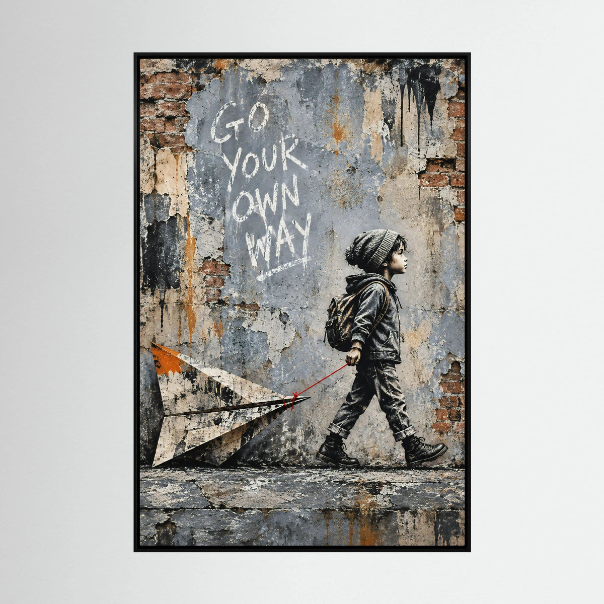 Gerahmtes Street Art Motiv mit laufendem Kind, Rucksack und Papierflieger im schwarzen Rahmen