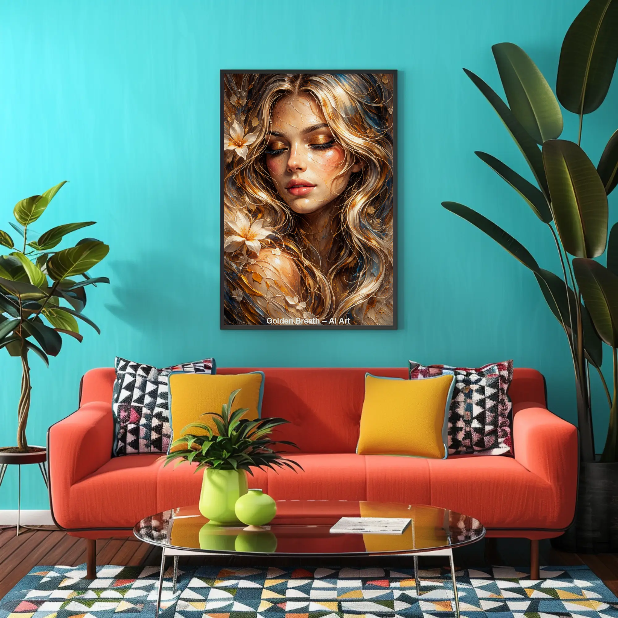 Golden Breath Fine Art Print mit leuchtendem Portrait in Gold- und Kupfertönen über einem modernen roten Sofa.