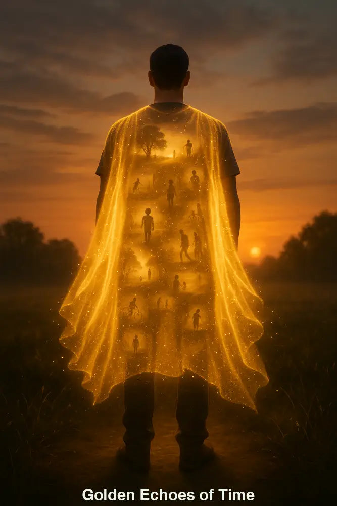 Person im Sonnenuntergang umhüllt von goldenem Mantel aus Erinnerungen – emotionale, futuristische KI-Surreal-Illustration.