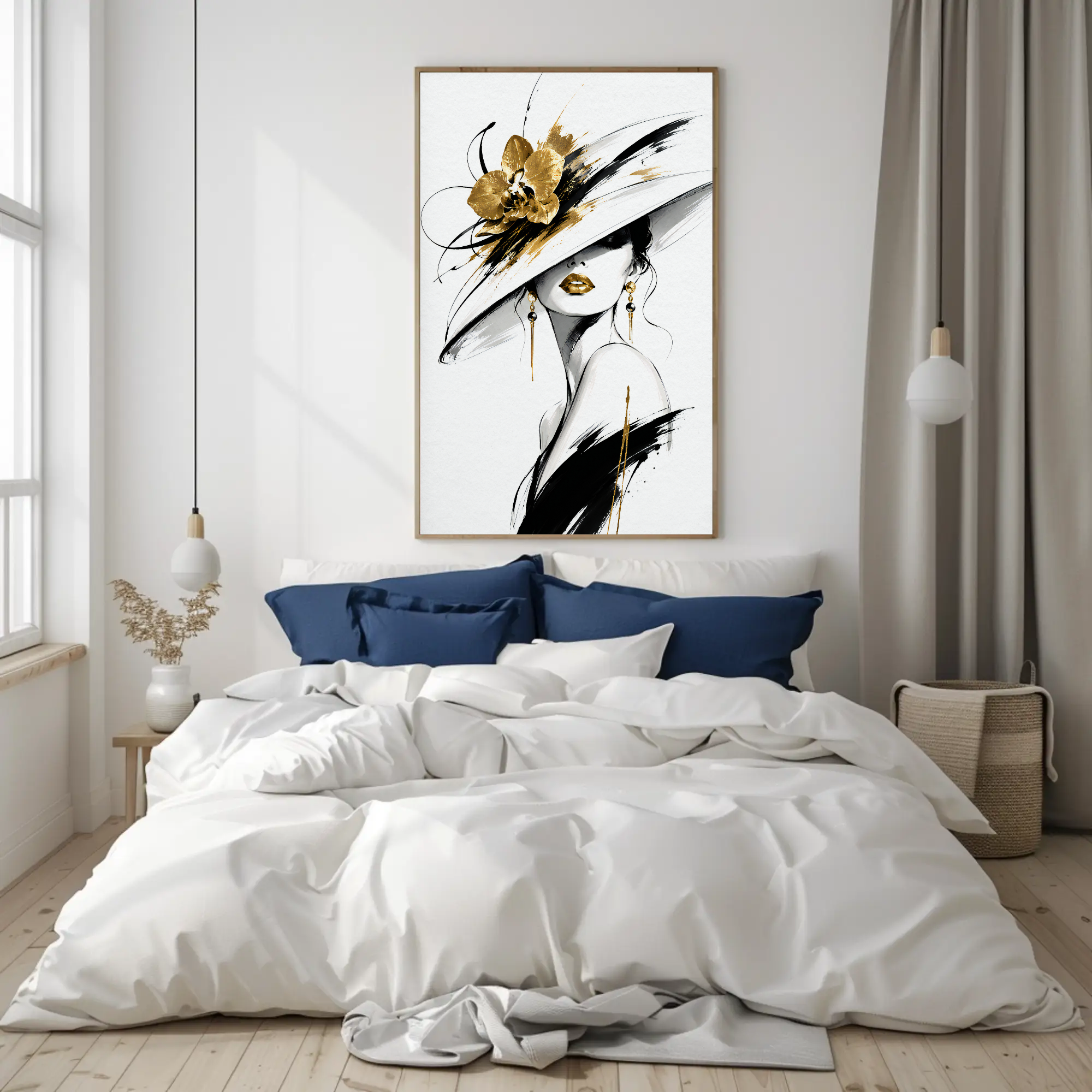 Golden Elegance Wandbild mit elegantem Frauenporträt, großem Hut, goldener Orchidee und luxuriösen Schwarz-Gold-Akzenten.
