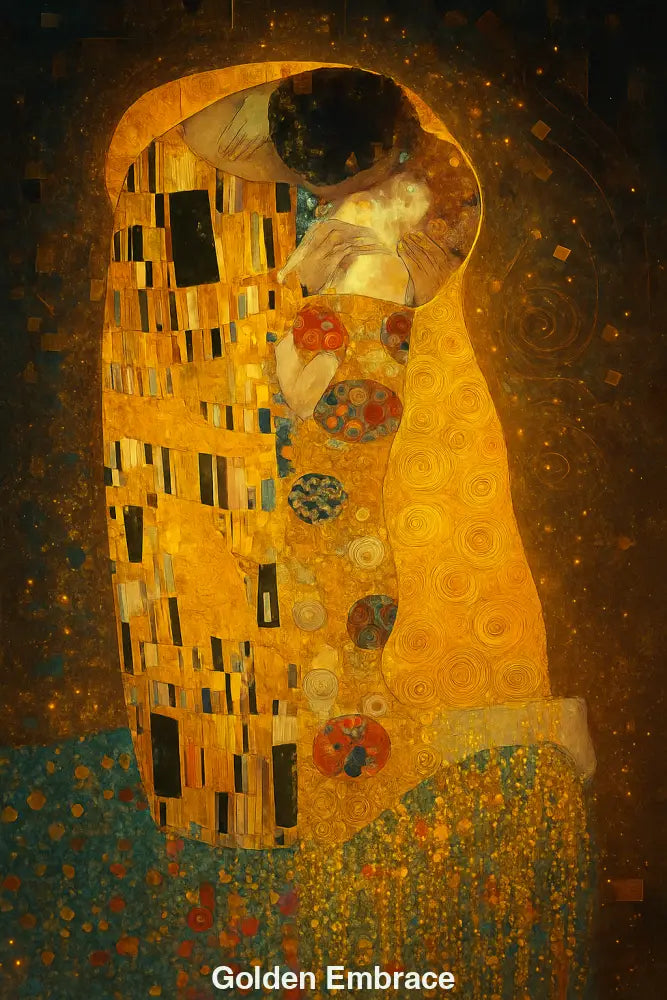 Romantische AI Kunst im Stil von Klimt – digitale Umarmung aus Gold und Gefühl