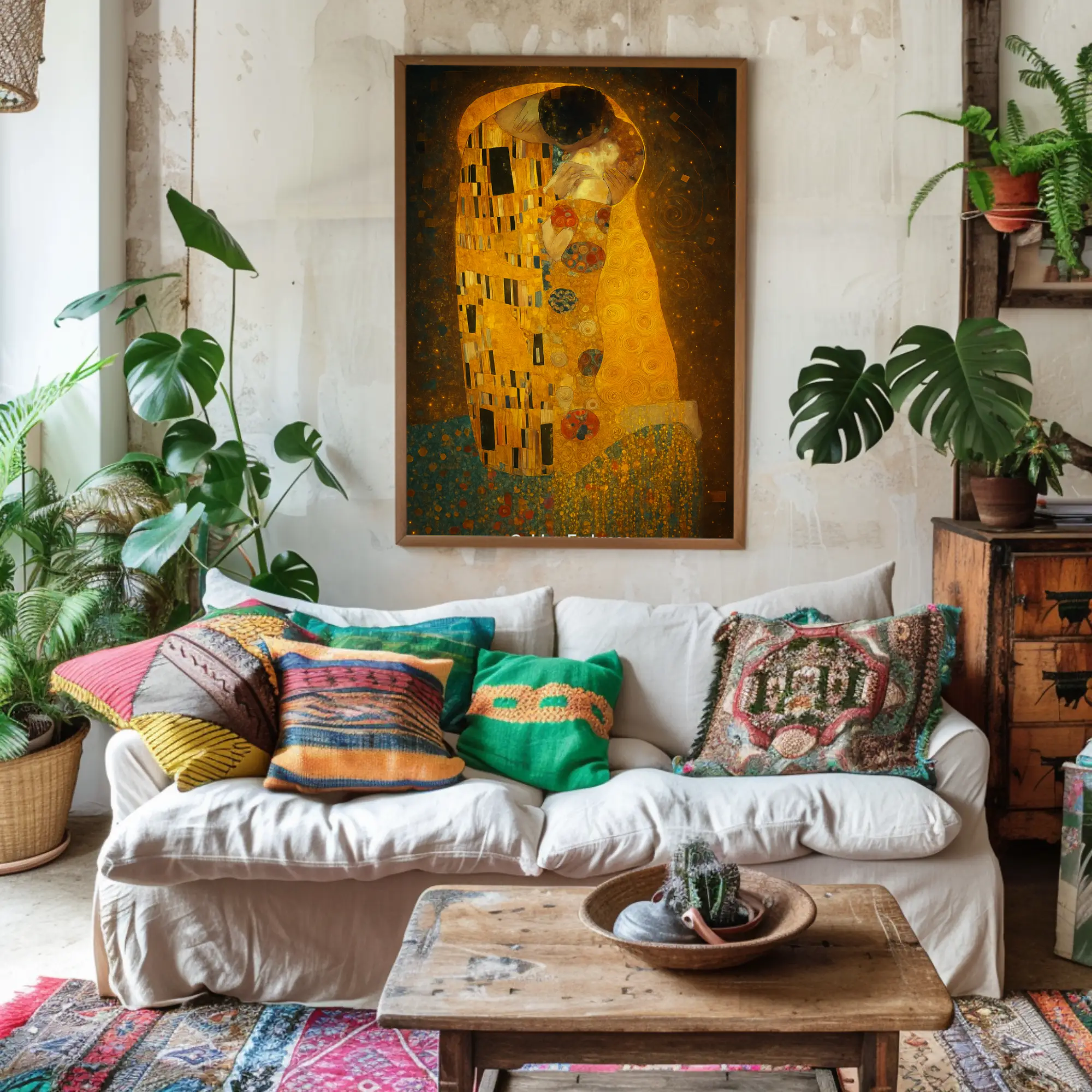 Mockup von „Golden Embrace“ – romantisches AI Kunstwerk mit Umarmung im Stil von Klimt, digital interpretiert