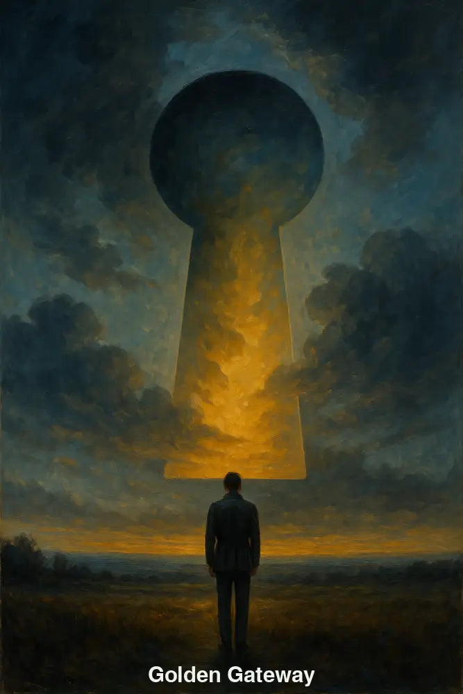 Digitale Darstellung eines Mannes vor einem leuchtenden Schlüsselloch aus Licht – symbolträchtige Kunst mit Abendhimmel