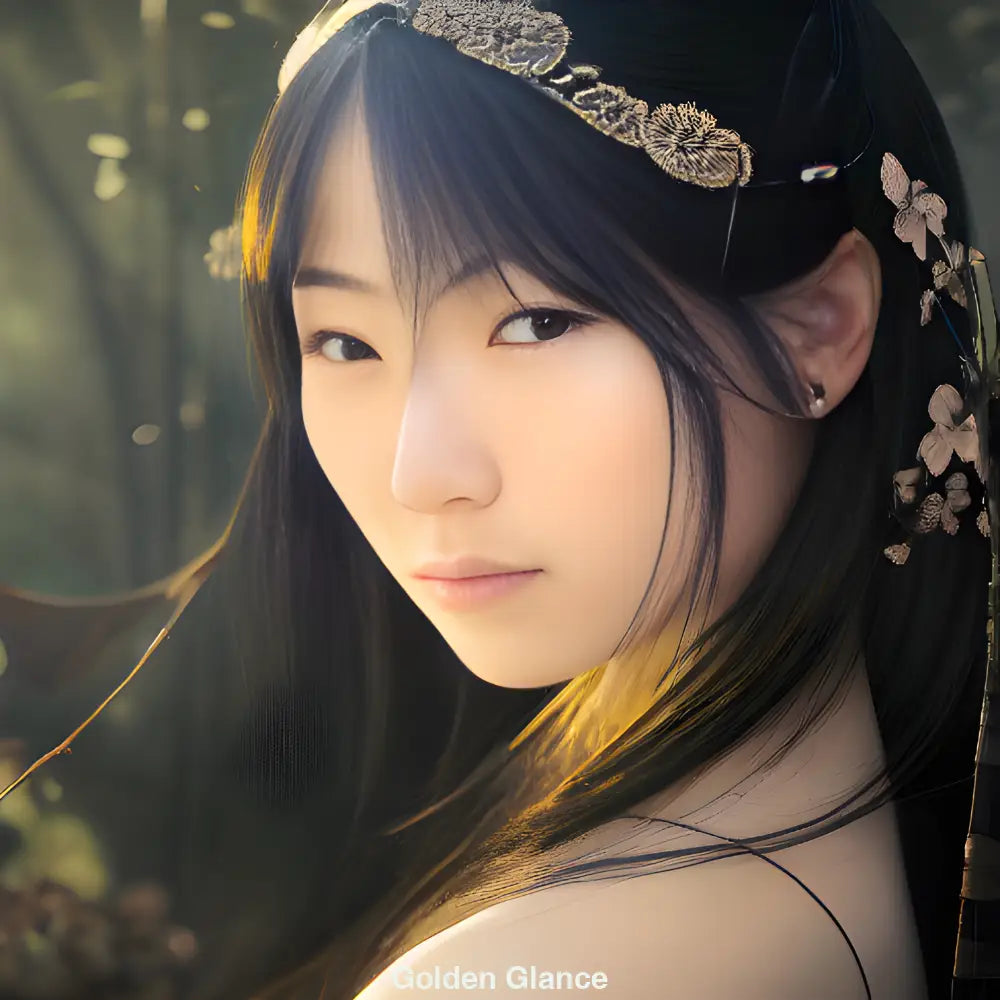 Porträt einer asiatischen Frau mit floralen Haarverzierungen, vom warmen Licht einer mystischen Walddämmerung umgeben.