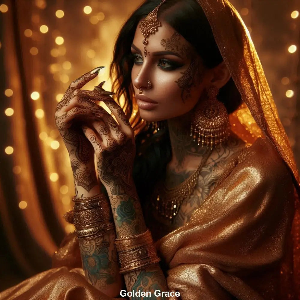 AI Art Porträt einer Frau in goldener Kleidung mit Henna-Mustern und traditionellem Schmuck.
