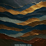 Abstrakte AI-Art mit goldenen, blauen und erdigen Schichten in moderner Struktur.