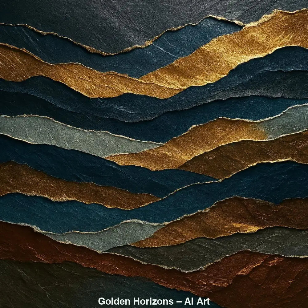 Abstrakte AI-Art mit goldenen, blauen und erdigen Schichten in moderner Struktur.