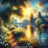 Golden Riverside – AI Art, idyllische Flusslandschaft bei Sonnenuntergang mit Blumen, Brücke und warmem Licht