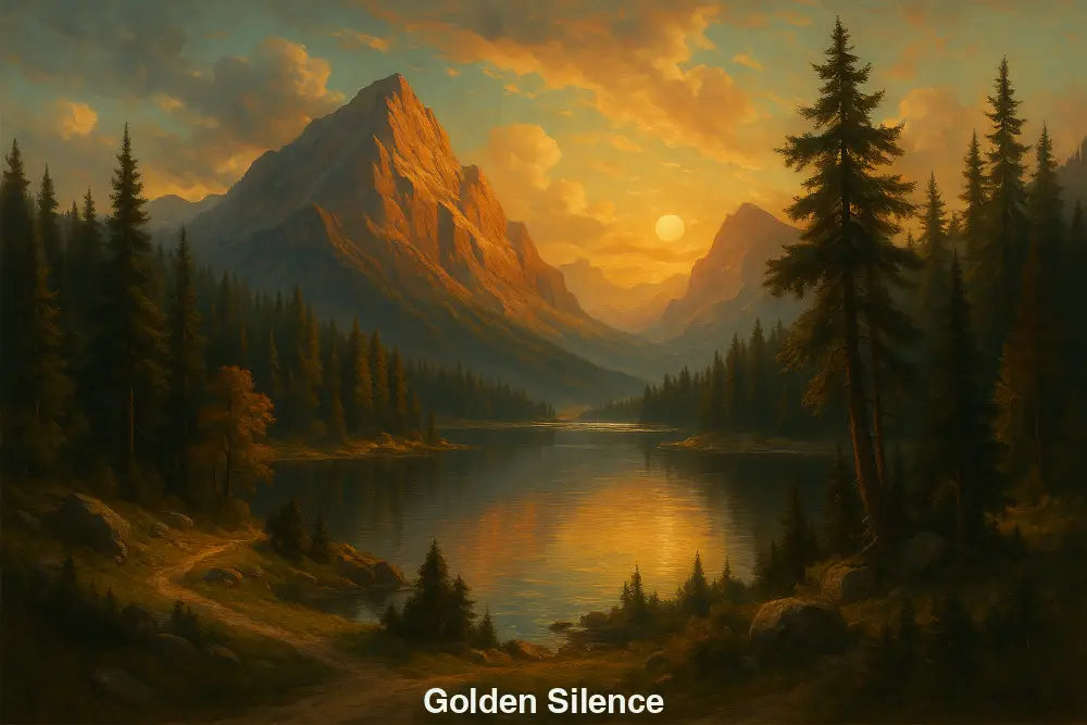 Digitale Berglandschaft bei Sonnenuntergang mit See und Wald – ruhige, warme Lichtstimmung.