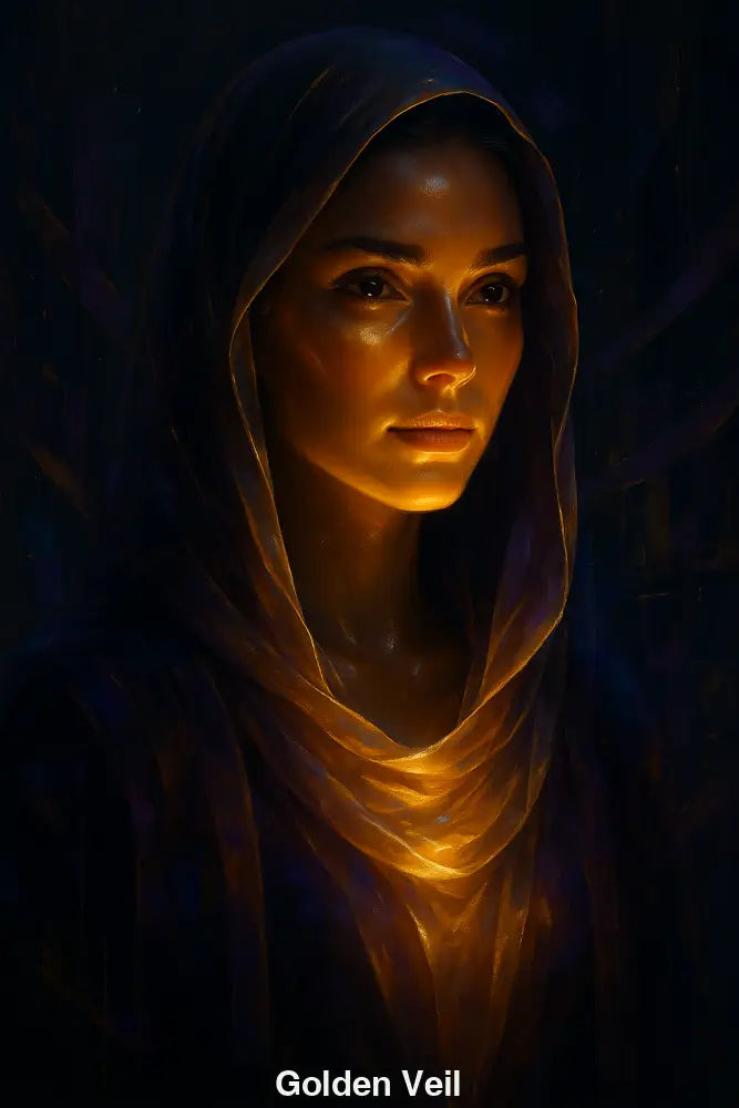 AI Portrait einer Frau im goldenen Schleier – leuchtendes Licht, geheimnisvolle Stimmung, feine Details
