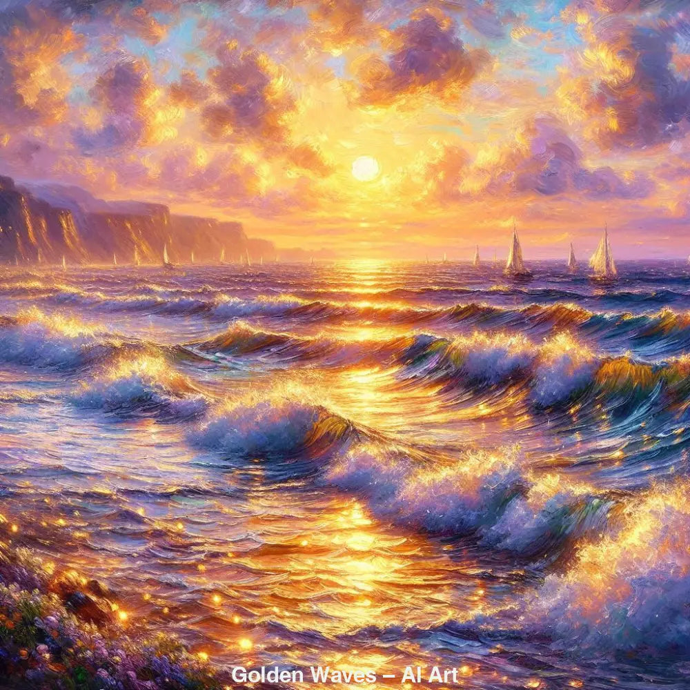 Golden Waves – AI Art, leuchtende Meereswellen bei Sonnenuntergang mit Segelbooten und farbigem Himmel.