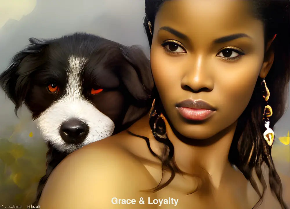 Porträt einer Frau mit goldenen Ohrringen und Hund – KI-generierte Digital Art über Anmut, Vertrauen und emotionale Verbundenheit