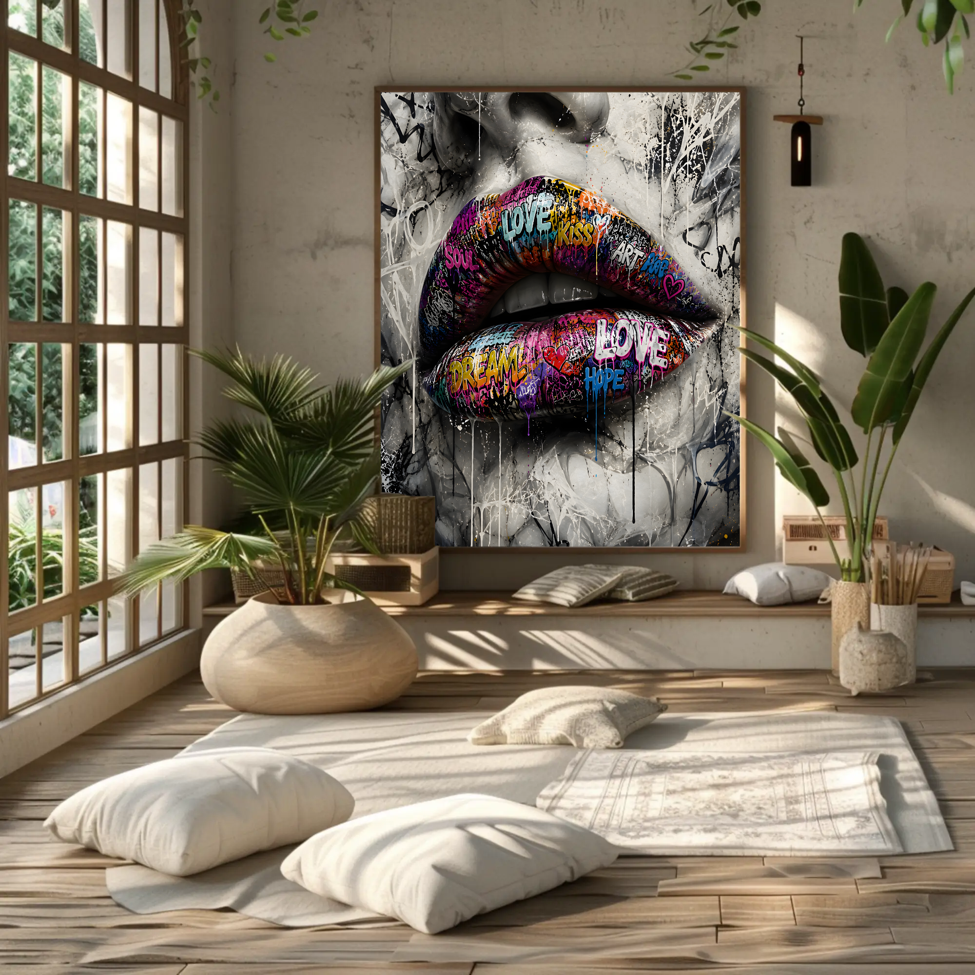 Graffiti Kiss Fine Art Print mit farbenfrohen Lippen, Schriftzügen und Street-Art-Elementen über modernem Interieur.