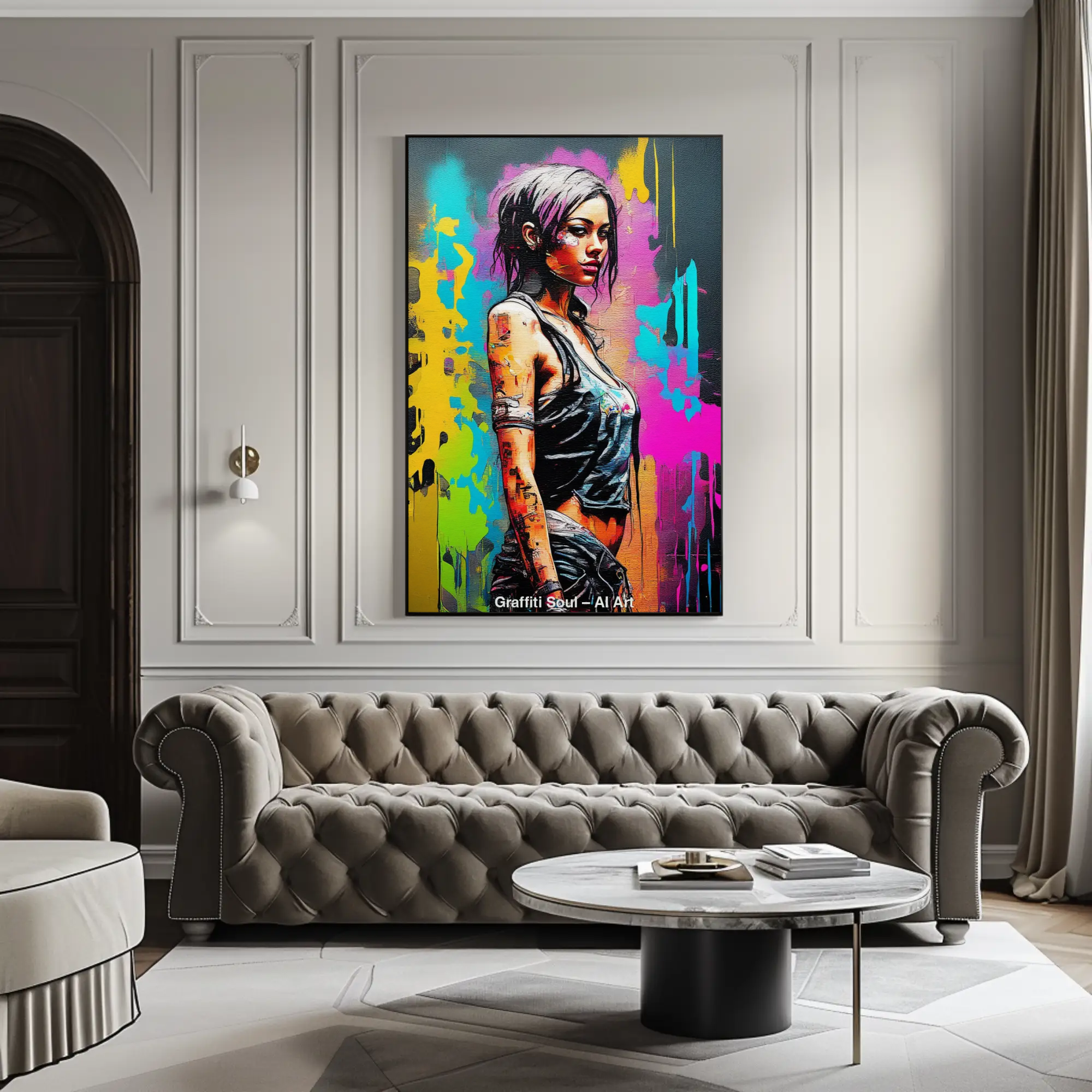 Buntes Graffiti Soul Fine Art Print mit urbanem Frauenportrait und leuchtenden Street-Art-Farben über modernem Sofa.