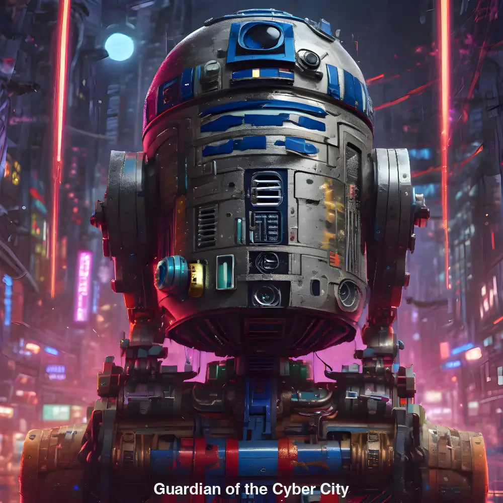 Futuristischer Roboter mit leuchtenden Details in neonbeleuchteter Megastadt vor Sternenhimmel